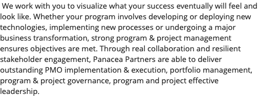 &nbsp;We work with you to visualize what your success eventually will feel and look like. Whether your program involves developing or deploying new technologies, implementing new processes or undergoing a major business transformation, strong program & project management ensures objectives are met. Through real collaboration and resilient stakeholder engagement, Panacea Partners are able to deliver outstanding PMO implementation & execution, portfolio management, program & project governance, program and project effective leadership.