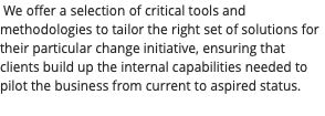 &nbsp;We offer a selection of critical tools and methodologies to tailor the right set of solutions for their particular change initiative, ensuring that clients build up the internal capabilities needed to pilot the business from current to aspired status. 