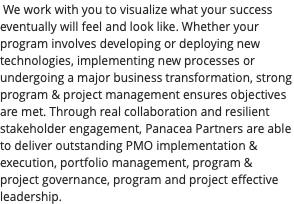 &nbsp;We work with you to visualize what your success eventually will feel and look like. Whether your program involves developing or deploying new technologies, implementing new processes or undergoing a major business transformation, strong program & project management ensures objectives are met. Through real collaboration and resilient stakeholder engagement, Panacea Partners are able to deliver outstanding PMO implementation & execution, portfolio management, program & project governance, program and project effective leadership.