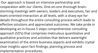 &nbsp;Our approach is based on intensive partnership and cooperation with our clients, One-on-one thorough brain-storming meetings with owners, leaders and executives, fair and team-oriented interaction at all levels, with a sharp eye for details throughout the entire consulting process which leads to effective solutions and appreciated outcomes. We take pride in developing an in-house 5 steps comprehensive consulting approach (5D’s) that comprises meticulous quantitative and qualitative practices and activities that delivers watertight examination of the entire business aspects and exhibits crystal clear insights upon fact findings, planning process and implementation procedures.