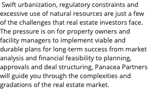 &nbsp;Swift urbanization, regulatory constraints and excessive use of natural resources are just a few of the challenges that real estate investors face. The pressure is on for property owners and facility managers to implement viable and durable plans for long-term success from market analysis and financial feasibility to planning, approvals and deal structuring, Panacea Partners will guide you through the complexities and gradations of the real estate market.
